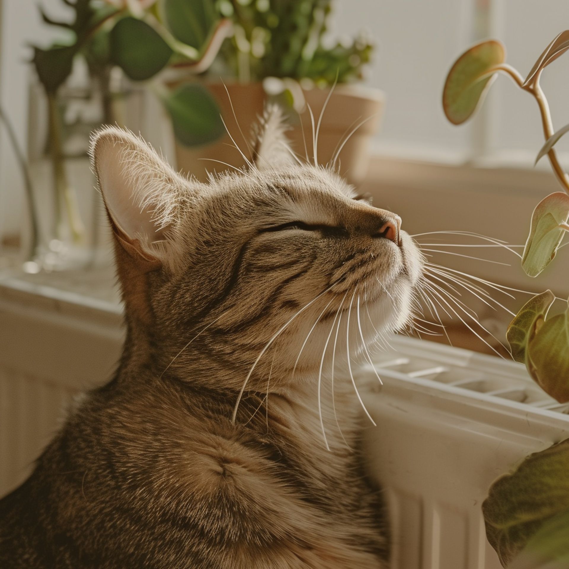 Katze schmiegt sich an Heizung