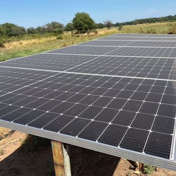 Solarpanele auf Sand vor gruener Wiese mit Bäumen und blauem Himmel