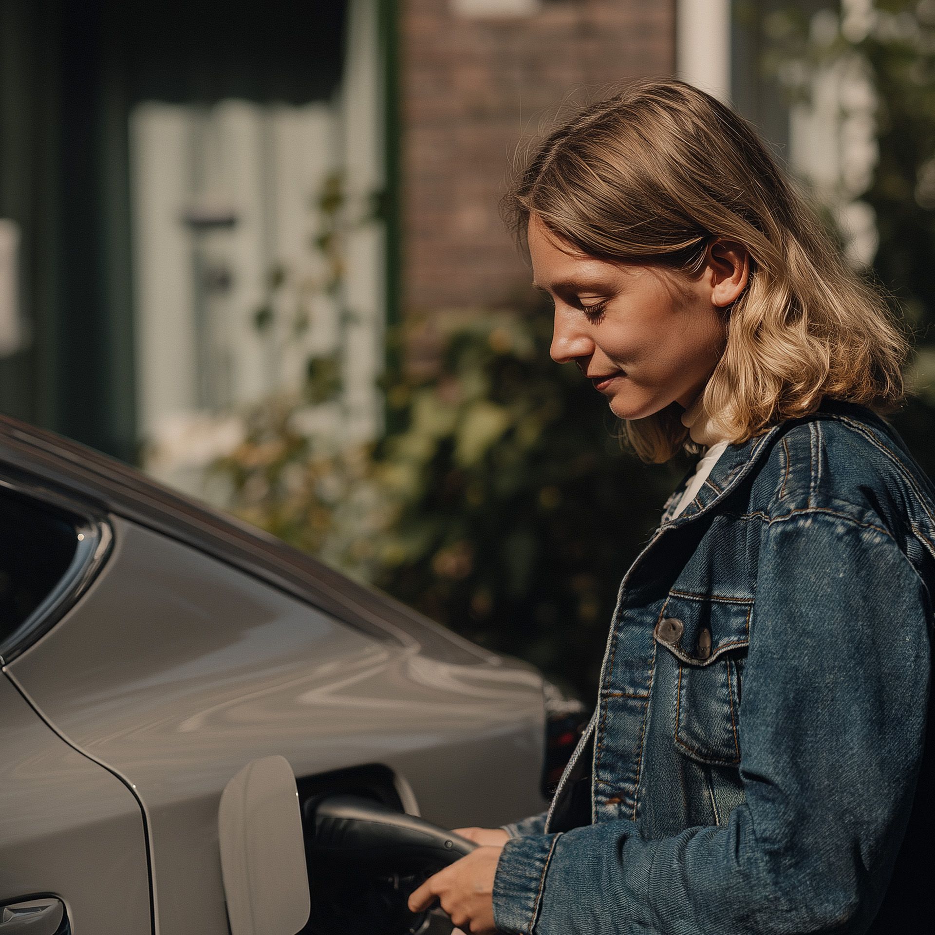 Frau laedt graues E-Auto