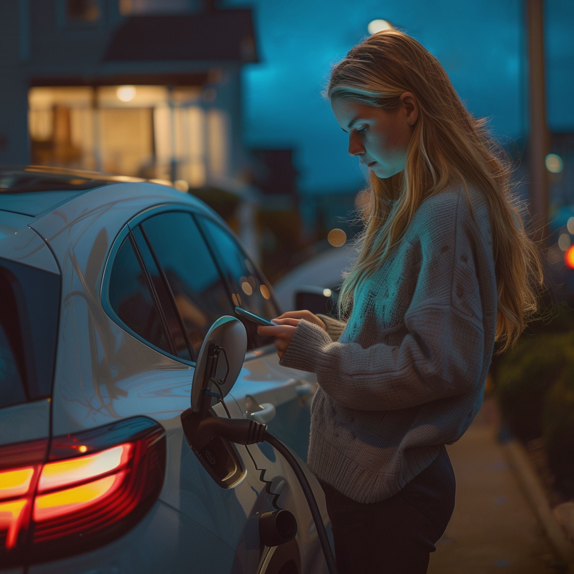 Frau lädt entspannt ihr E-Auto an einer Wallbox