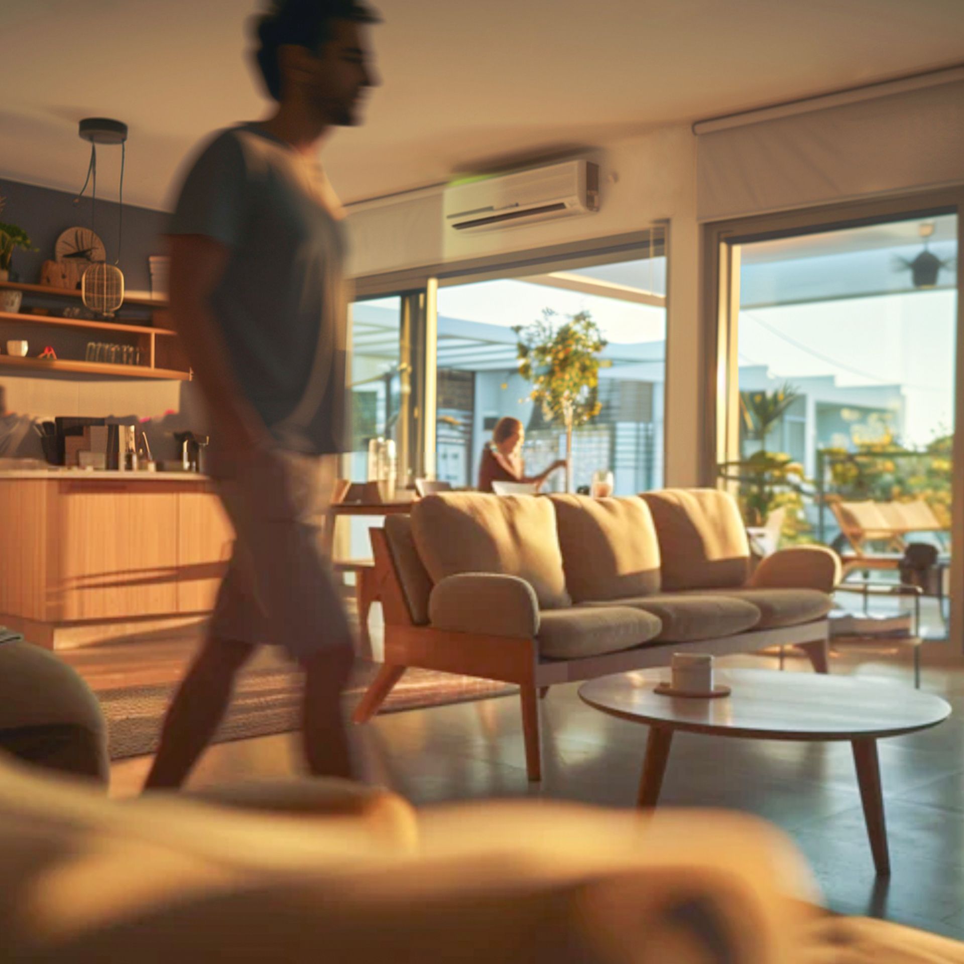 Mann im Wohnzimmer mit Klimaanlage im Hintergrund