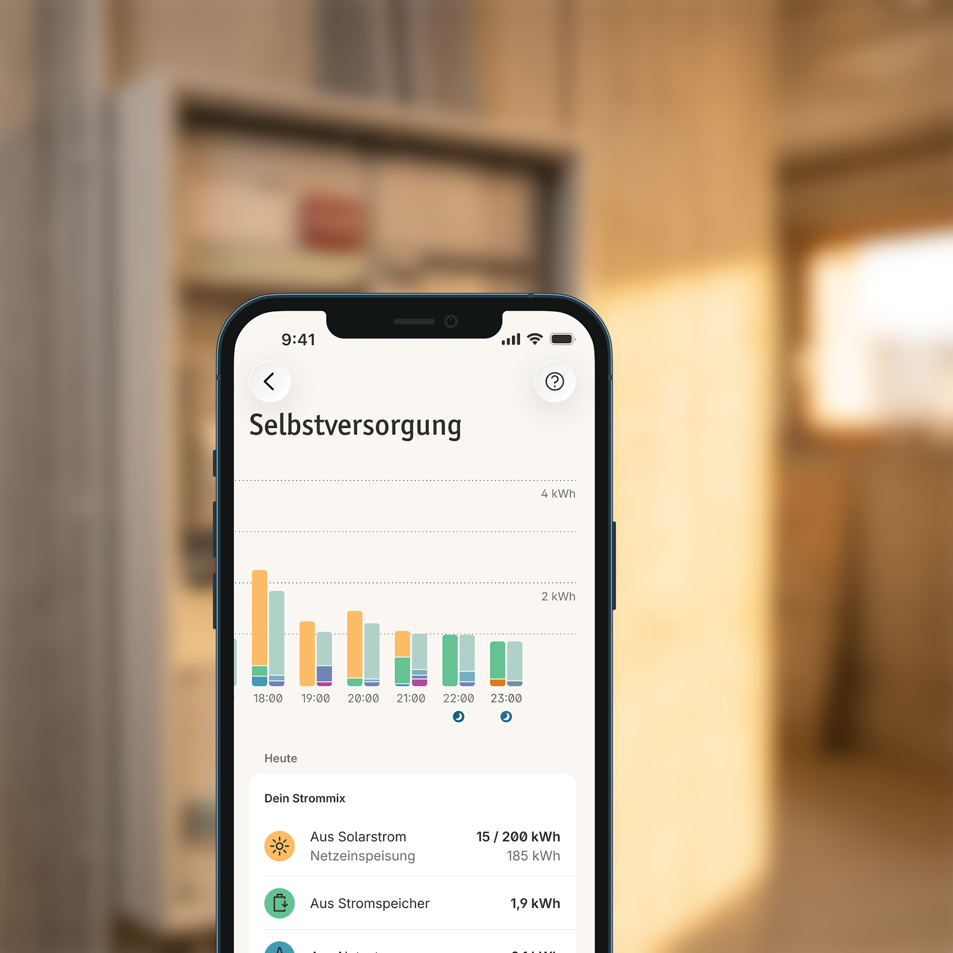 Handyscreen mit Strom-Verbrauchsübersicht Selbstversorgung