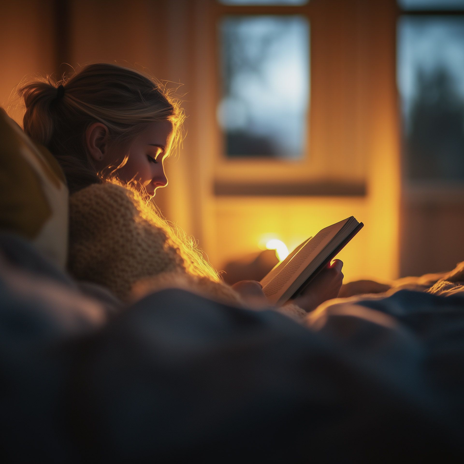 Frau liest Buch in der Dämmerung