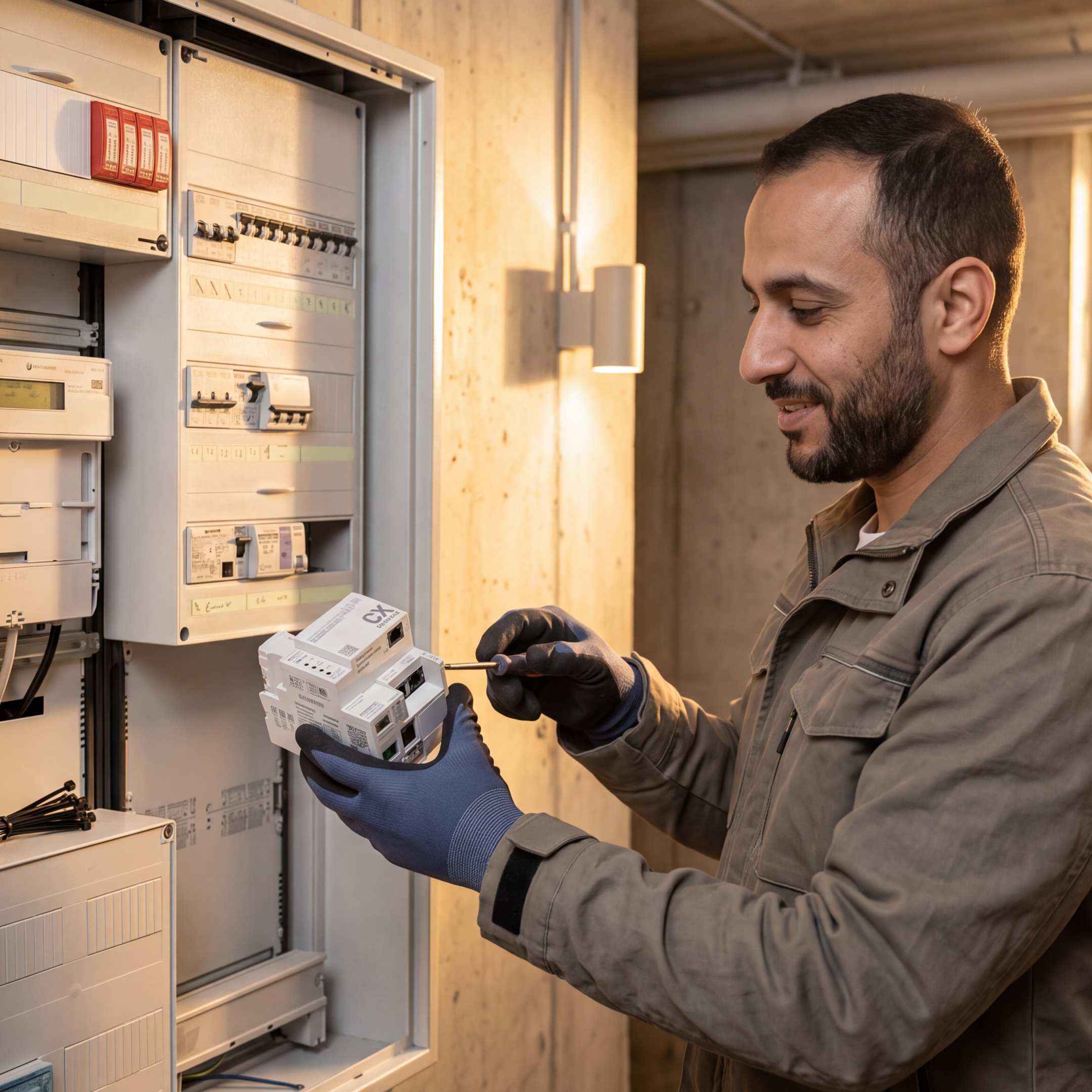 Handwerker installiert Smart Meter an Stromzaehler