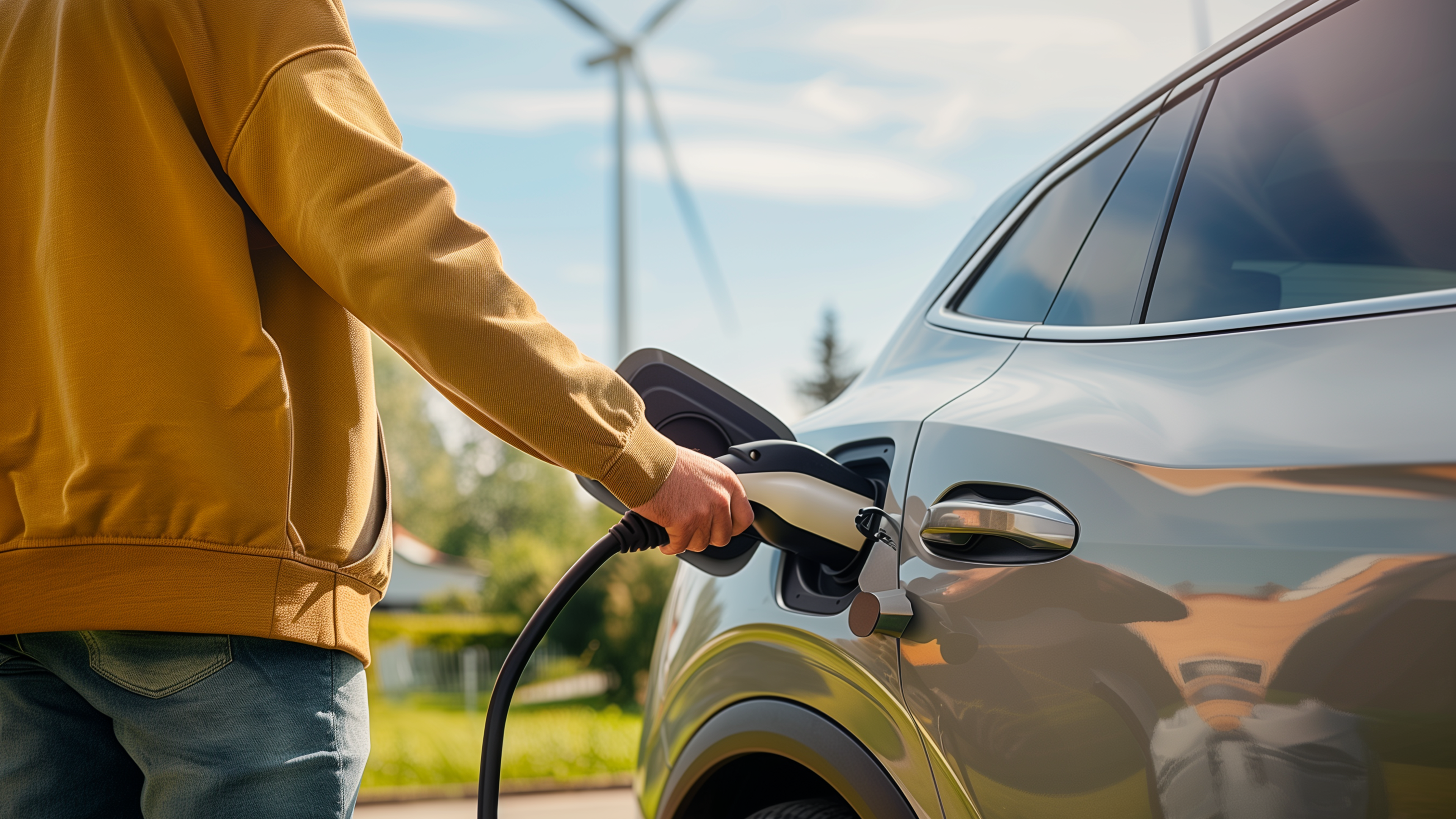 Mann laedt graues E-Auto