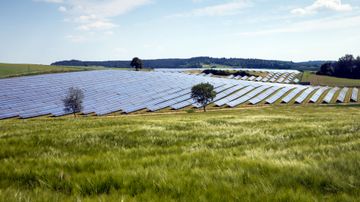 Solarpark hinter gruener Wiese