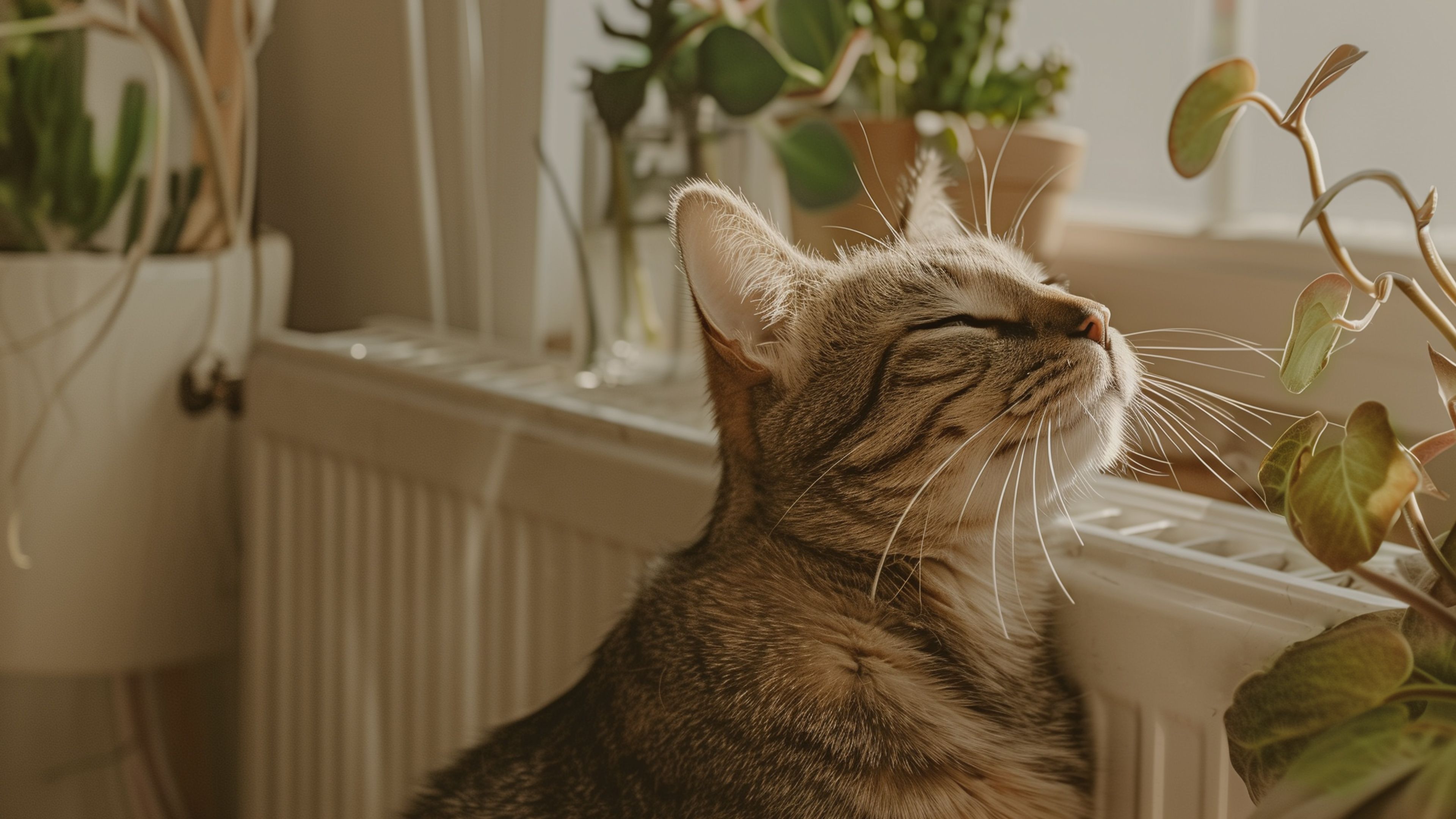 Katze schmiegt sich an Heizung