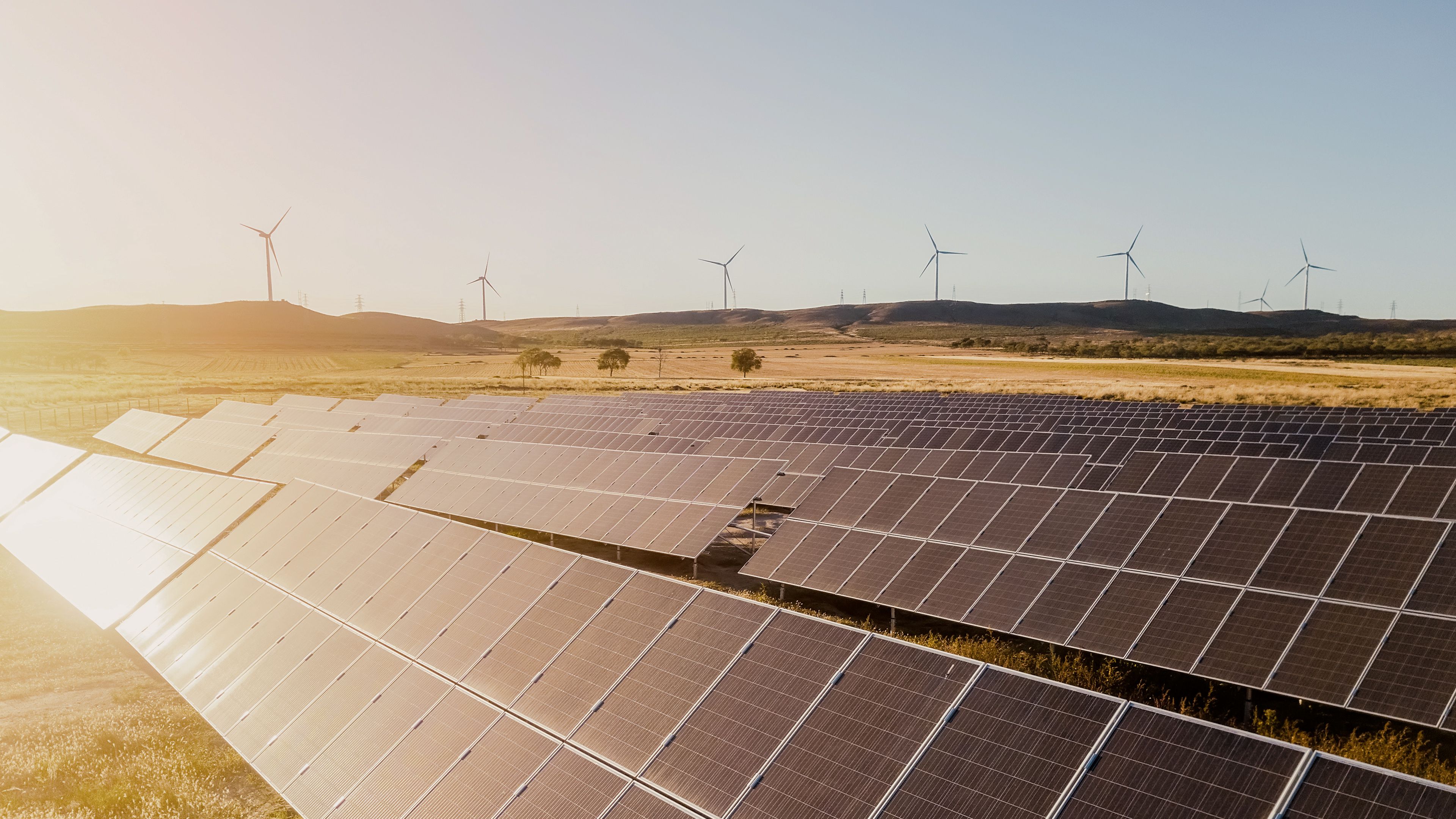 Solarpark mit Windraedern im Hintergrund