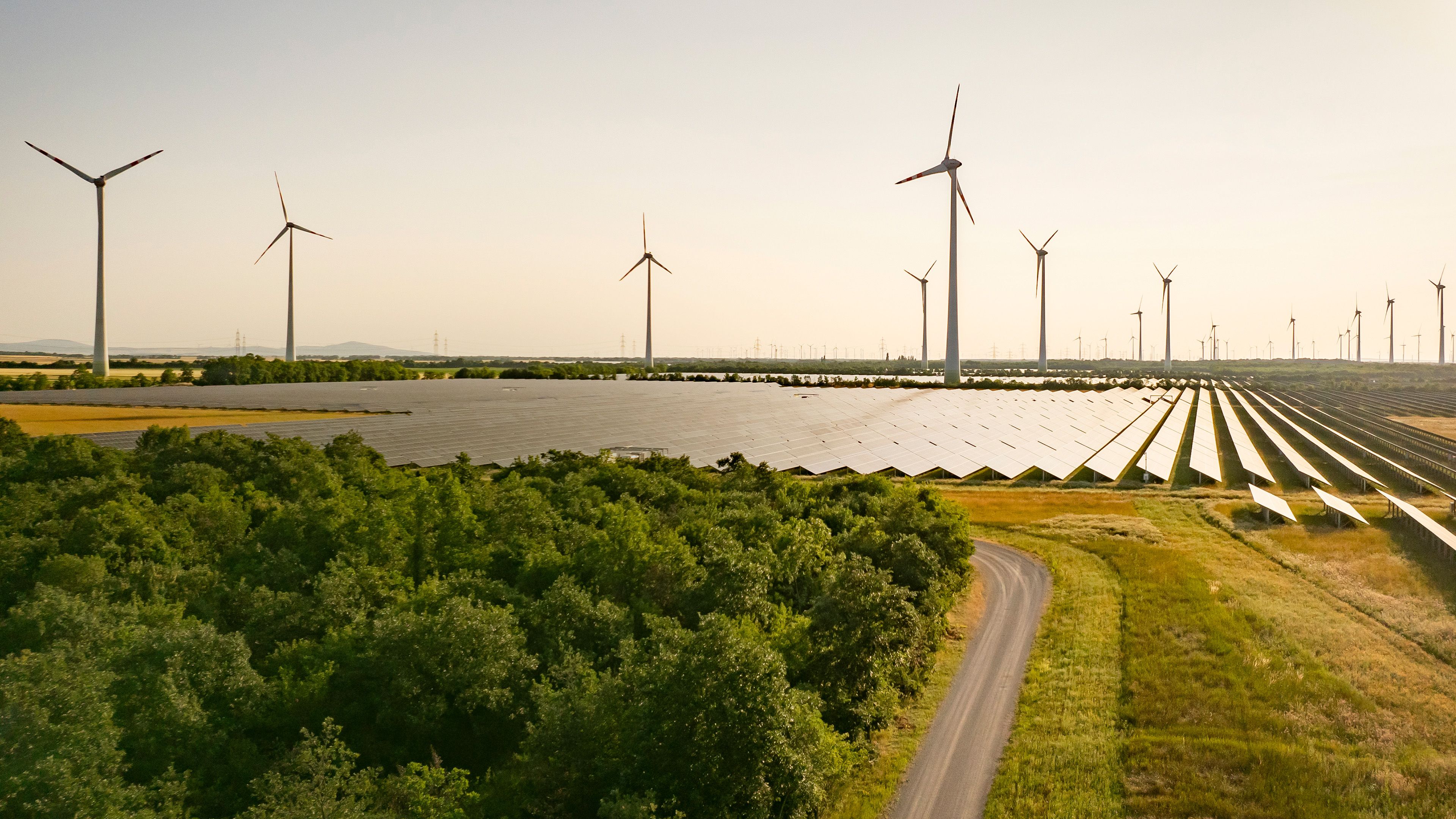 Solarpark mit Windraedern in der Abendsonne