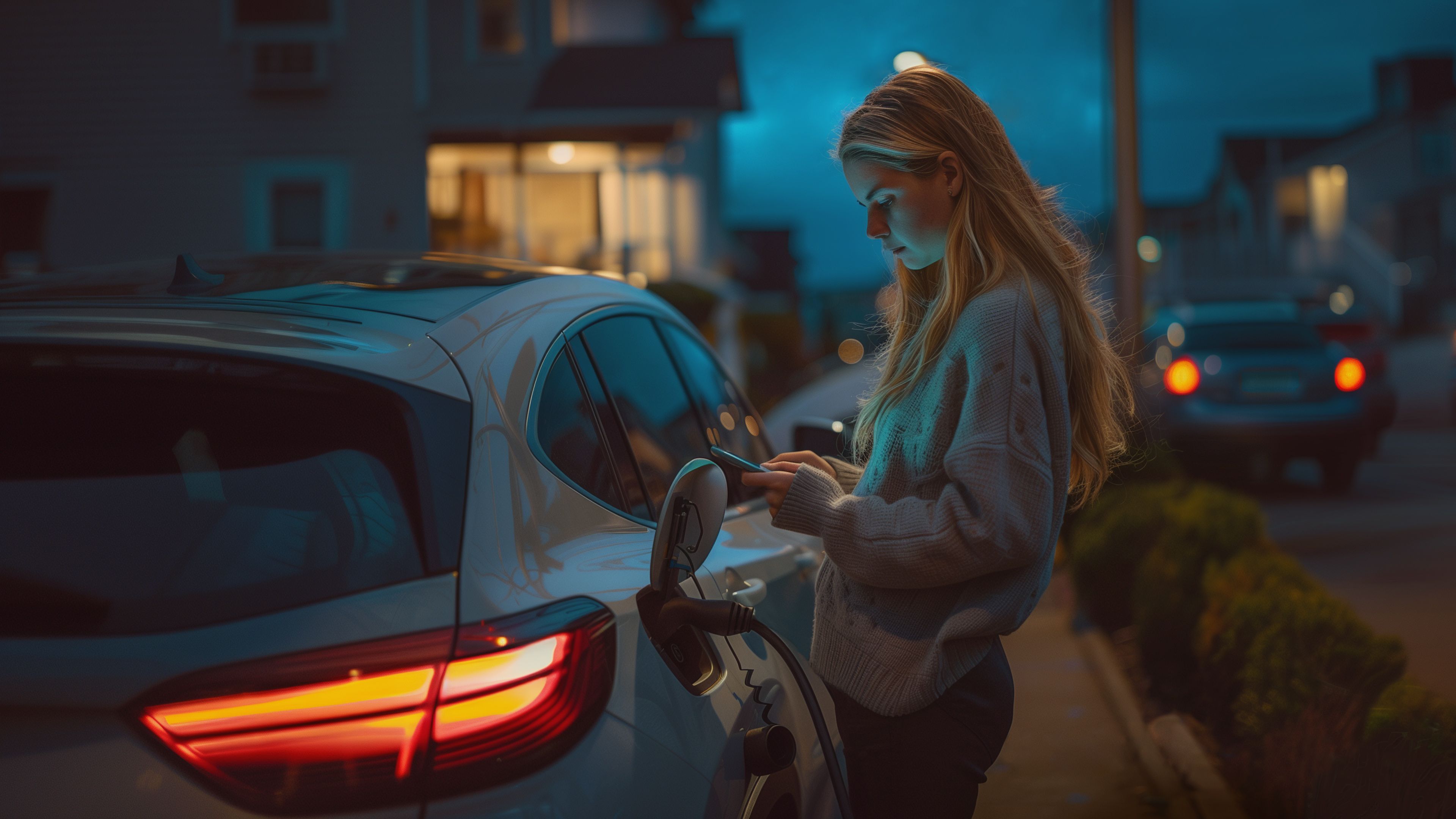 Frau lädt entspannt unterwegs ihr E-Auto an einer Wallbox
