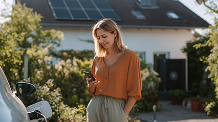 Frau schaut aufs Handy vor einem Haus mit PV-Anlage