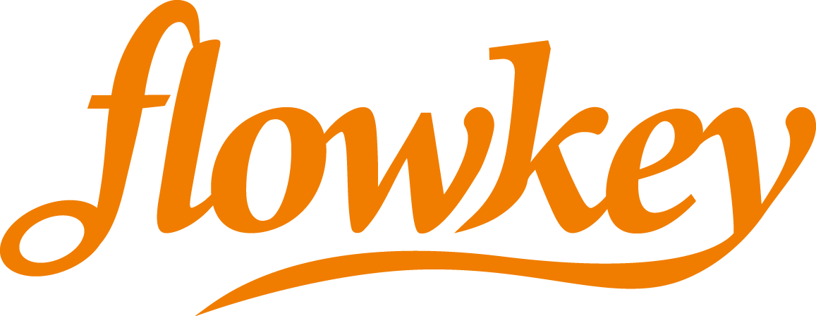 The word "flowkey" written in a bold, orange, cursive font with a sweeping underline.