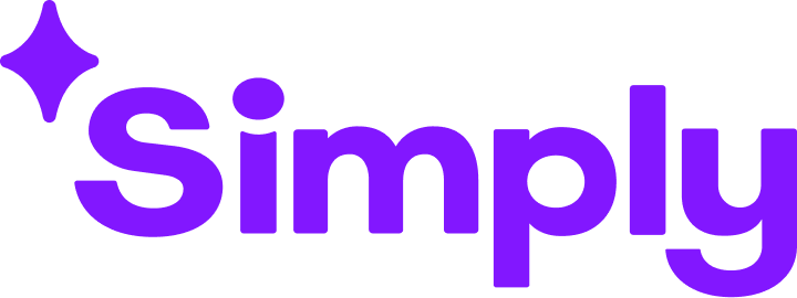 The word "Simply" in bold, rounded purple letters with a stylized four-pointed star icon to the left of the text, on a transparent background.