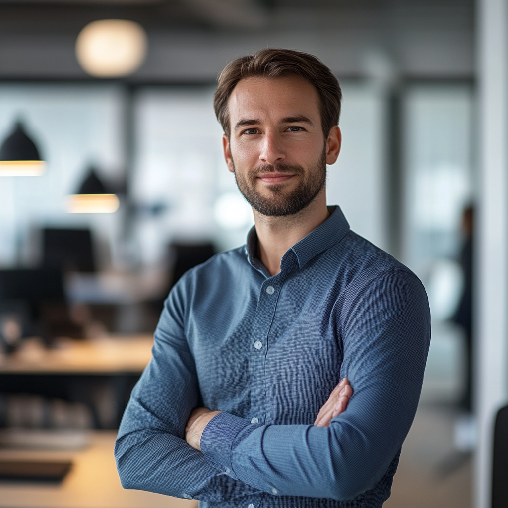 Confident man with rolled-up sleeves posing in a stylish office with warm lighting