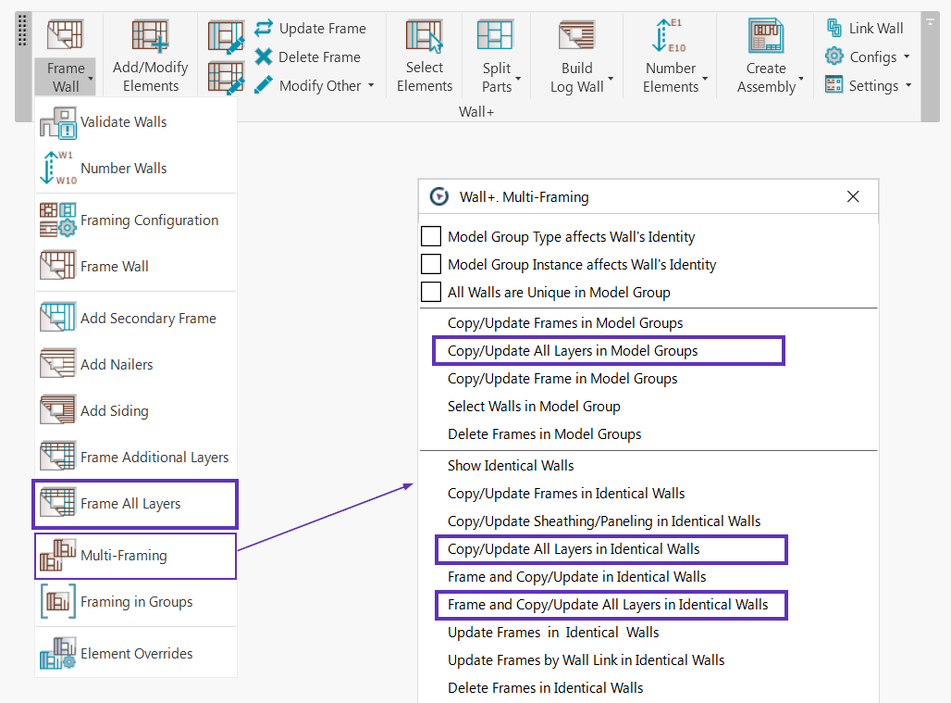 Multi-framing commands found in the Frame Wall menu of Wood Framing plugin for Revit