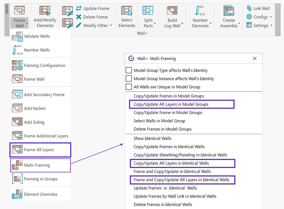 Multi-framing commands found in the Frame Wall menu of Wood Framing plugin for Revit