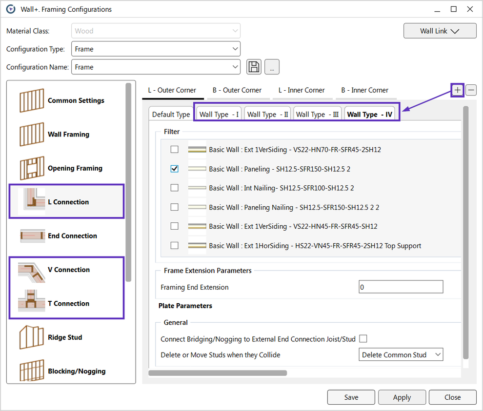 You can predefine different configurations for specific wall types for L, T & V connections.
