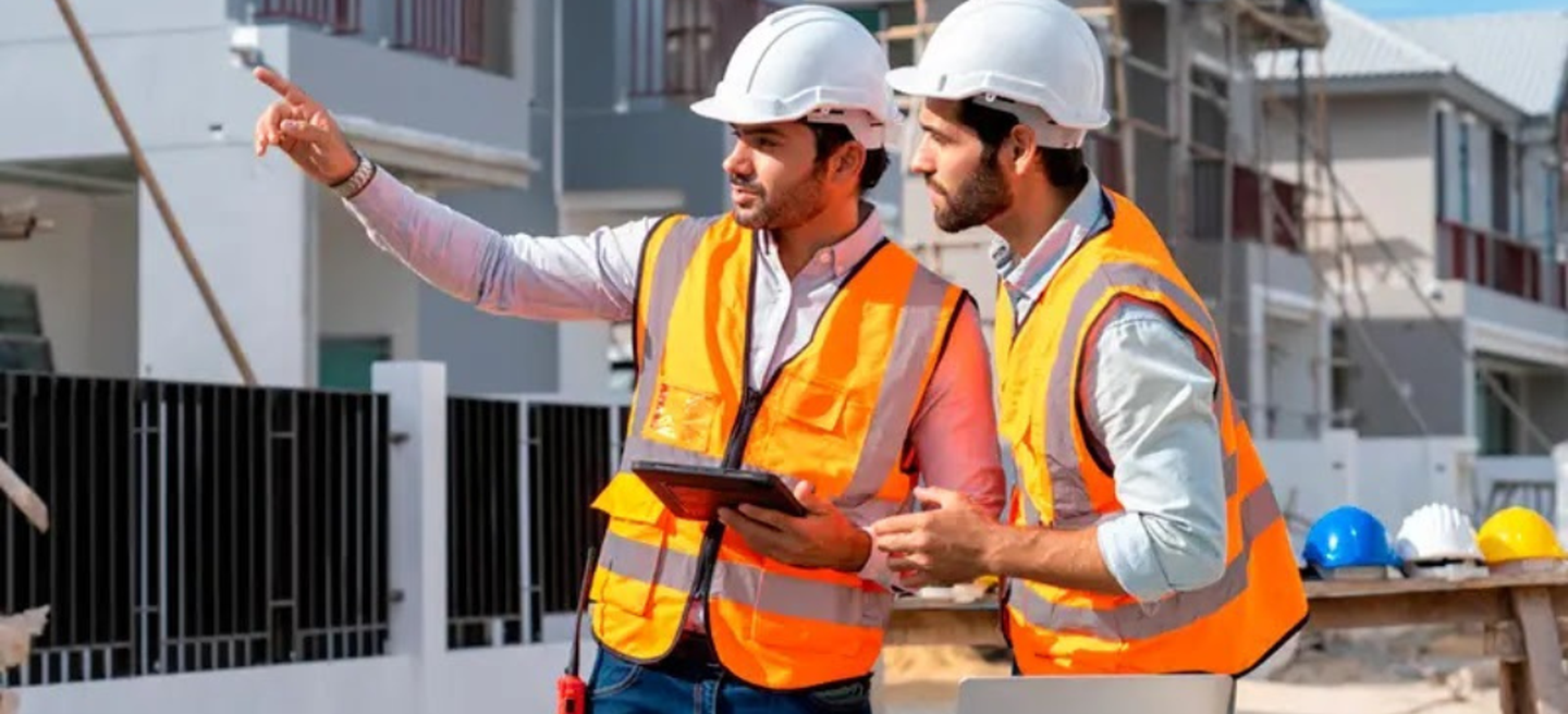 2 men with hardhats on construction site