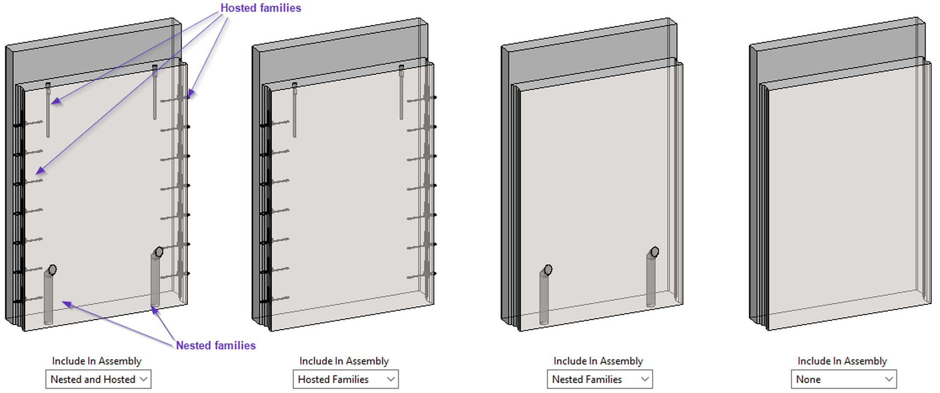 Four 3D models of precast wall panels, showing interior details and hosted and nested Revit families