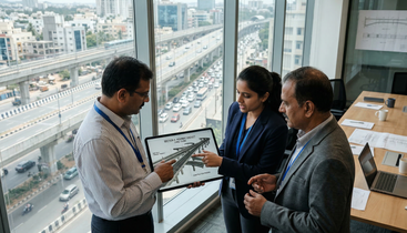 Three professionals discussing a highway viaduct plan in a conference room with cityscape view through large windows.