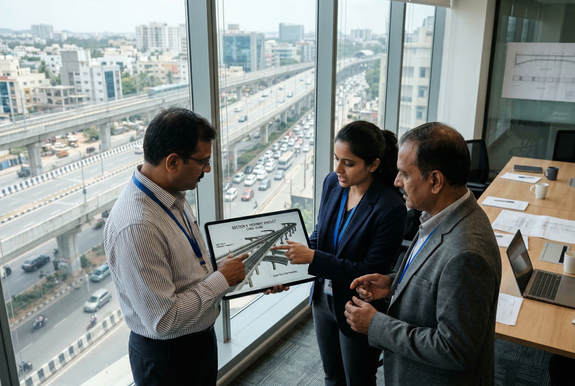 Three professionals discussing a highway viaduct plan in a conference room with cityscape view through large windows.