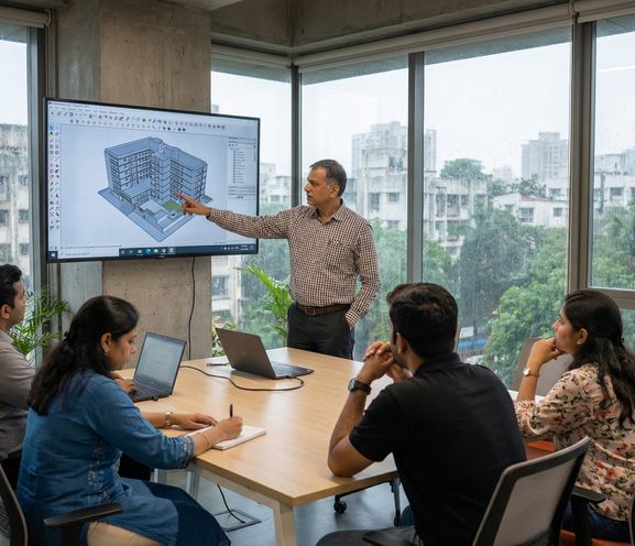 A man presenting building plans on a screen to four colleagues in a modern conference room with a rainy cityscape view.