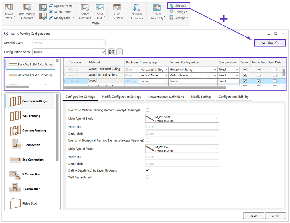 Wall/Floor/Roof Link is now integrated in the framing configuration window.