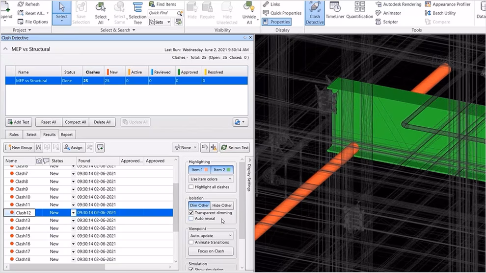 fonctionnalité détection de conflits dans Navisworks Manage