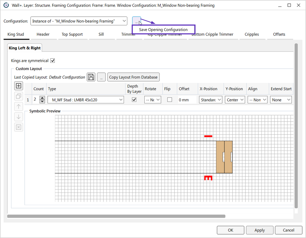 Framing configurations window as seen in Wood Framing plugin for Revit