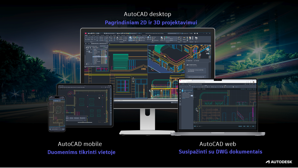 Kam skirtos trys AutoCAD versijos: Desktop, Mobile, Web
