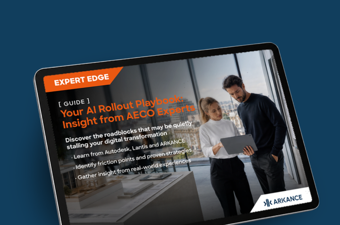 Tablet displaying "Your AI Rollout Playbook: Insight from AECO Experts" guide cover with two people discussing.