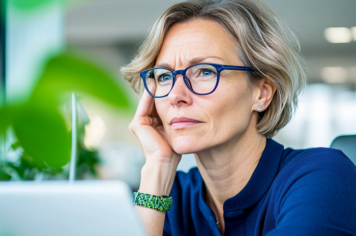 Femme d’affaires avec des lunettes concentrée sur l’écran de son ordinateur portable dans un bureau lumineux avec des plantes