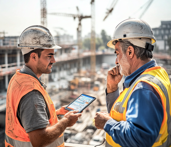 Dois gerentes de construção discutindo planos com tablet em obra ativa