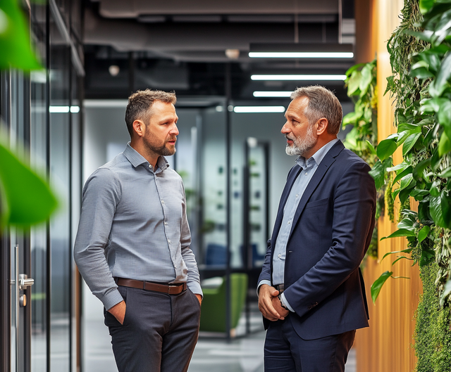 Muž prezentující v konferenční místnosti s 3D plánem budovy na velké obrazovce