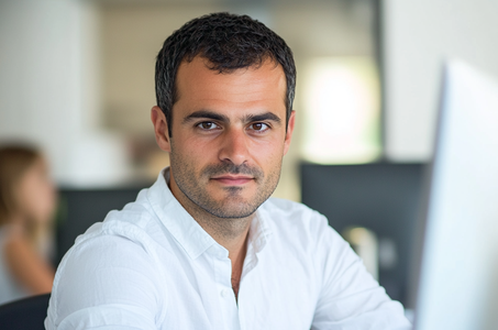 Mujer sonriendo en escritorio mientras trabaja en dibujo arquitectónico en oficina verde