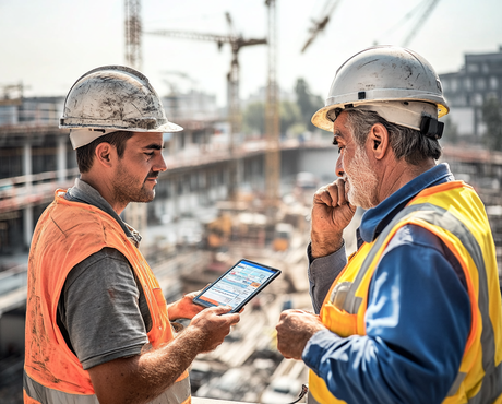 İki inşaat yöneticisi, aktif şantiyede tablette planları tartışıyor