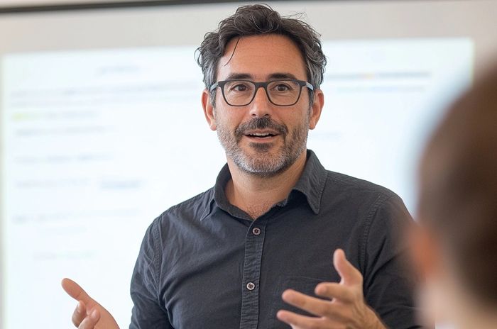 Hombre con gafas hablando durante presentación frente a pizarra