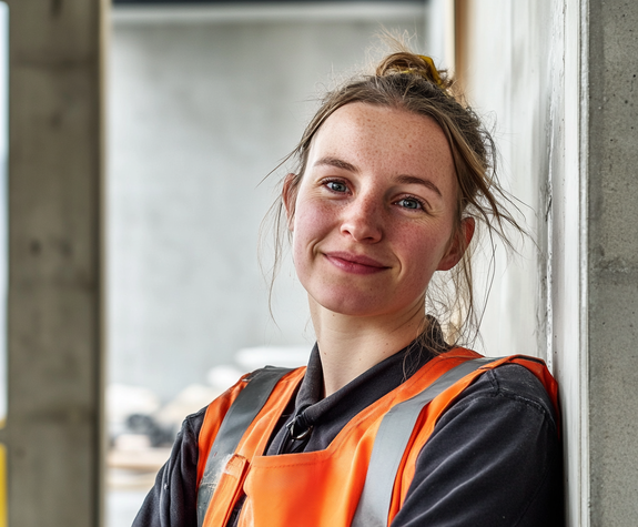 Fra am orangenem Vest leet entspaant géint eng Bëtongsmauer op engem Chantier