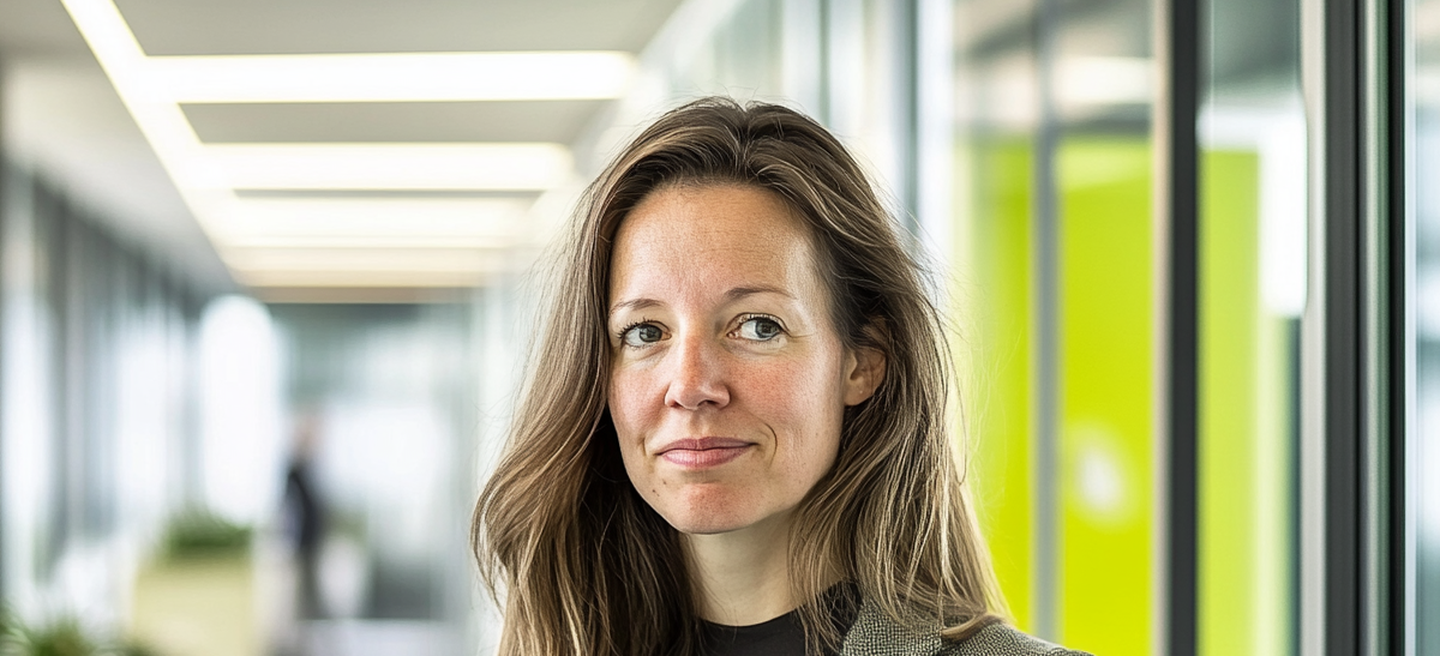 Femme d’affaires aux cheveux longs posant dans un couloir vitré lumineux avec des accents verts