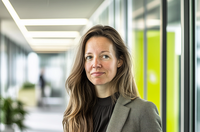 Femme d’affaires aux cheveux longs posant dans un couloir vitré lumineux avec des accents verts