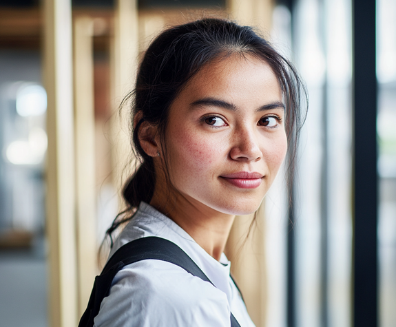 Young woman confidently looking into the camera in a modern office with wooden elements