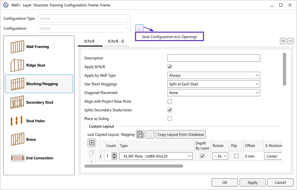 Framing configurations window as seen in Wood Framing plugin for Revit