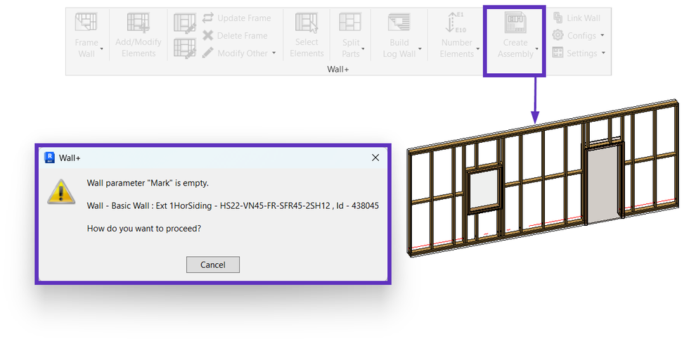 Software interface showing an error dialog: "Wall parameter 'Mark' is empty" with a 3D wall assembly diagram highlighted.