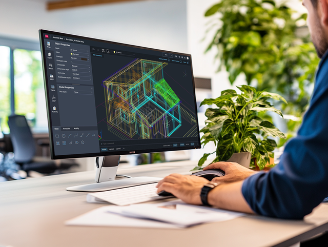 Medewerker werkt aan 3D-model op monitor in ontwerpstudio met veel daglicht en planten