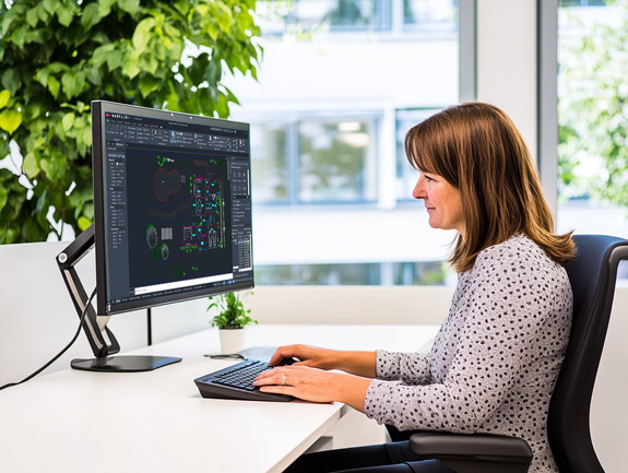 Fra entwéckelt technesch Zeechnungen op engem Computer an engem hellen Büro mat grénge Planzen am Hannergrond