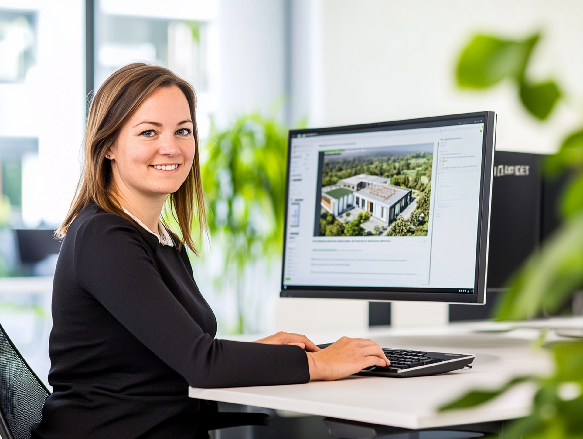 Femme travaillant sur des visualisations immobilières sur un grand écran dans un bureau lumineux avec de nombreuses plantes