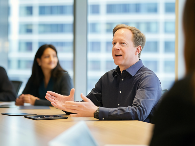Man legt iets uit tijdens dynamisch teamoverleg in lichte vergaderruimte met stadszicht