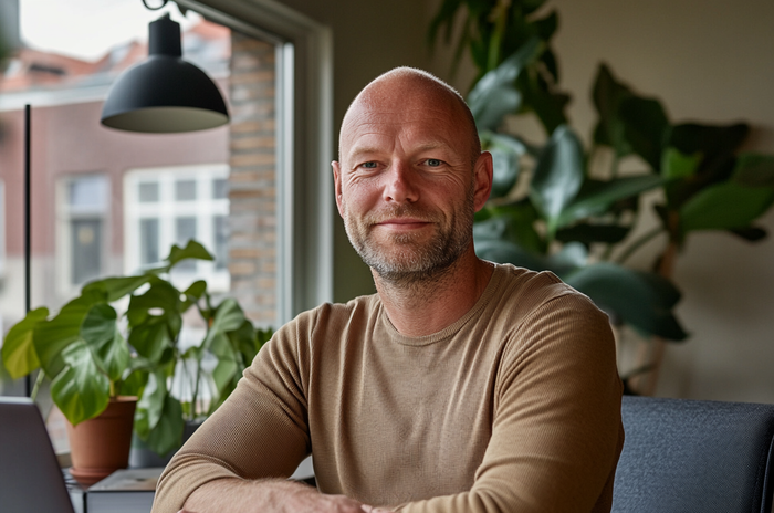 Man working from home on a laptop in a cozy room with lots of plants and daylight