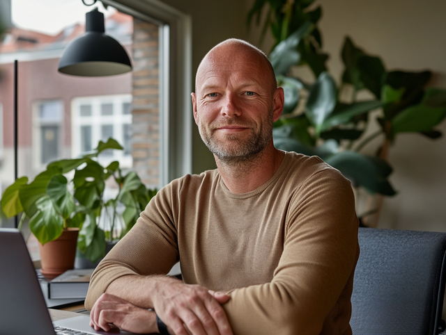 Man werkt vanuit huis aan laptop in gezellige ruimte met veel planten en daglicht
