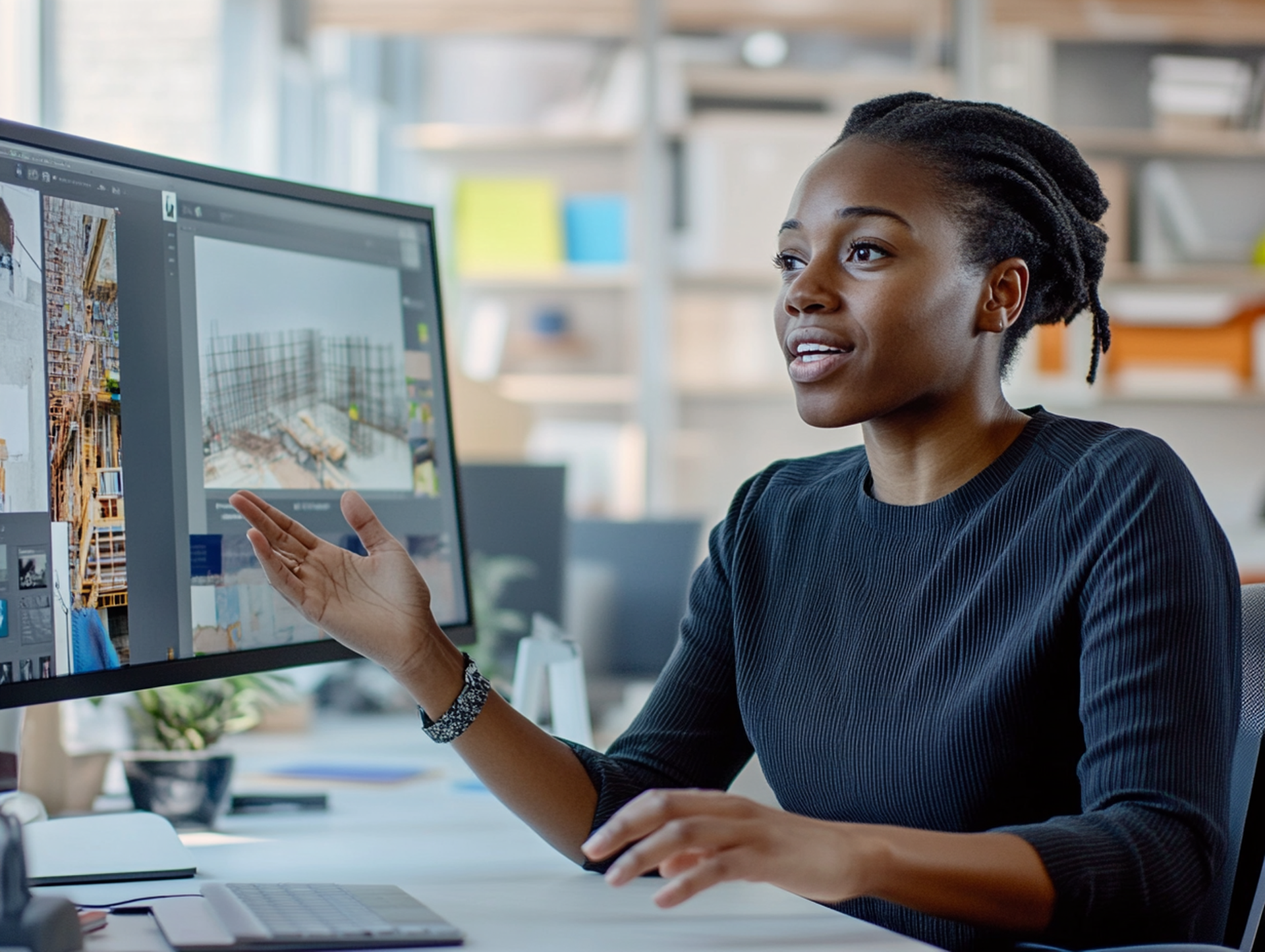 Architecte femme discutant de plans de construction sur un grand écran dans un bureau créatif avec des accents verts